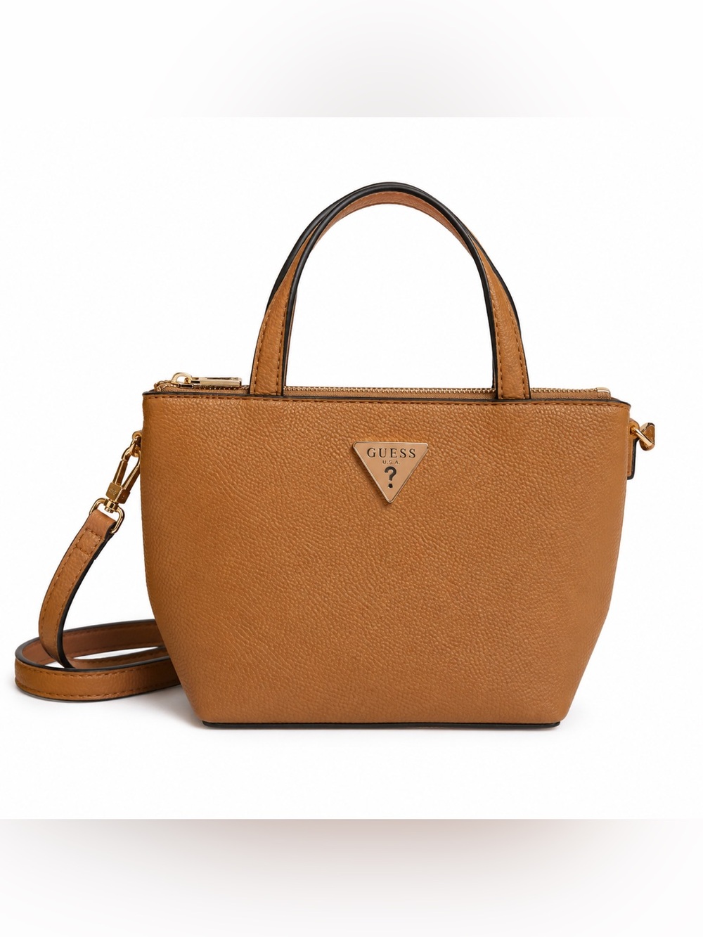 GUESS Tan Mini Top-Handle Crossbody with Gold Logo